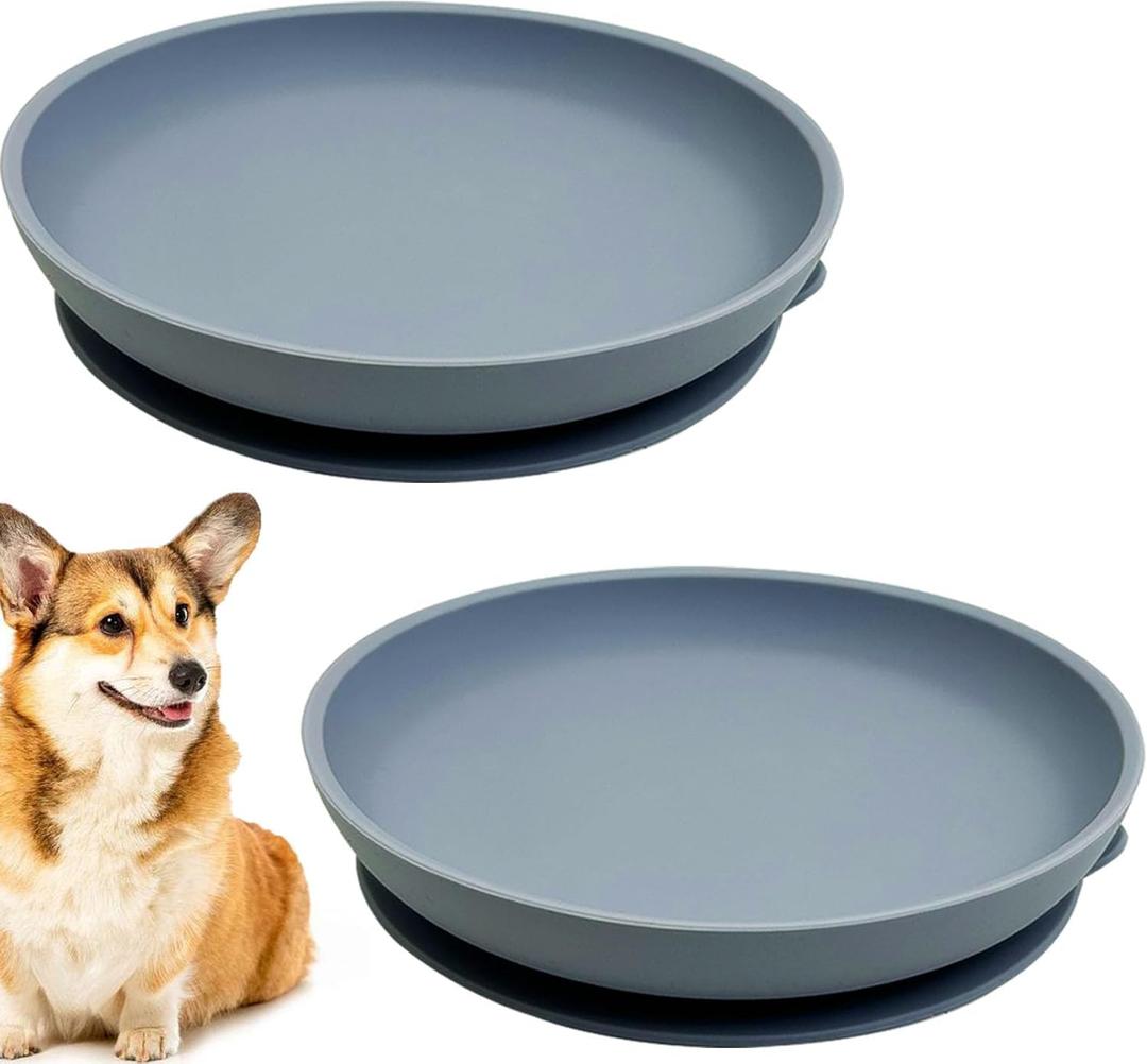 Silicone Dog Bowl Set of 2-7.7in No Spill Puppy Food and Water Dish Less Mess Cat Plates with Suction Cup Non-Tippable Feeding Bowls for Small & Medium-Sized Pets (Round Blue)