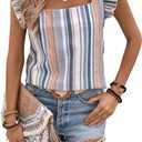 Women's Sleeveless Blouse Stripe Ruffle Cap Sleeve Square Neck Boho Tunic Tops Vacation Outfits Blue and White X-Large