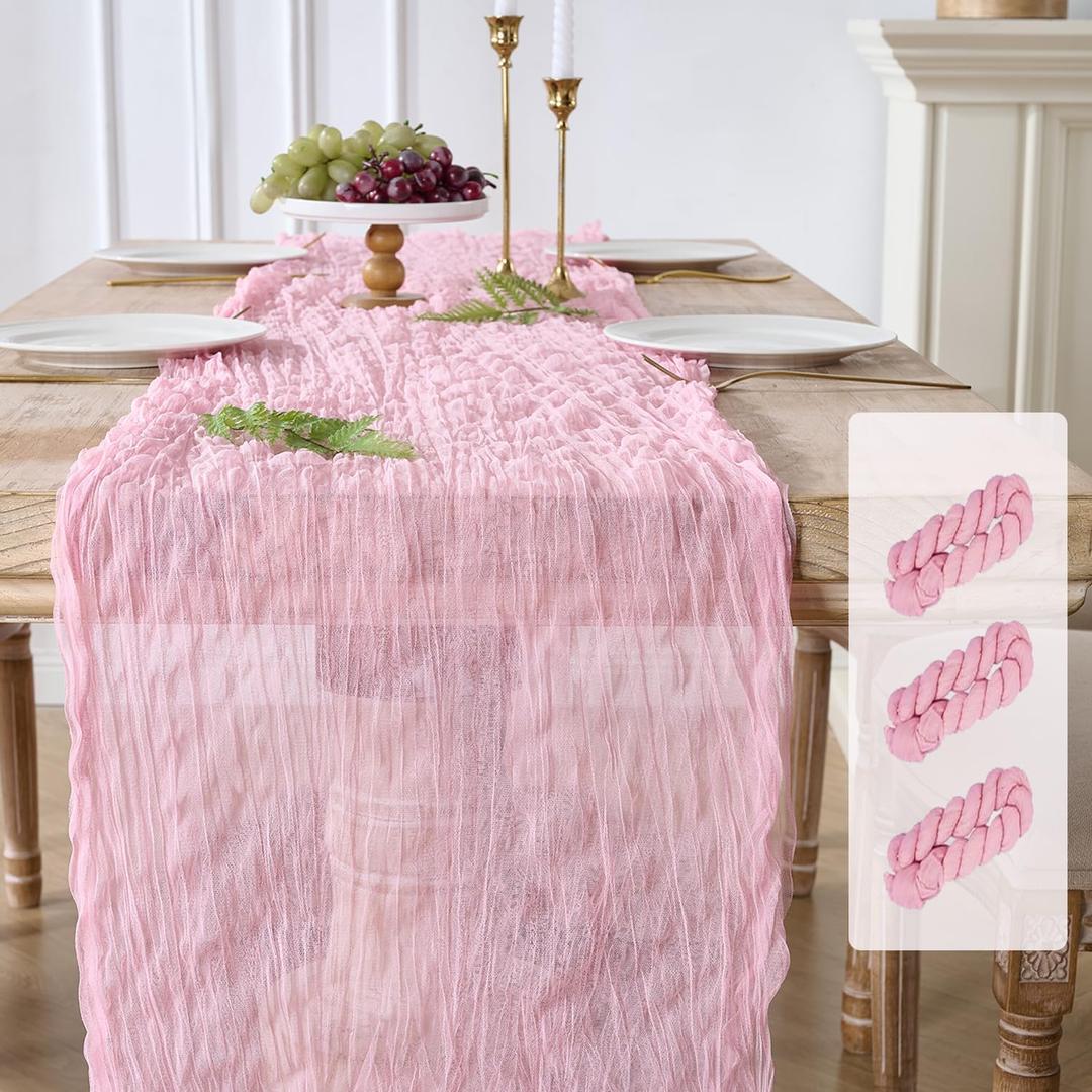 3 Pack Pink Cheesecloth Table Runners, 120 Inch 10Ft Blush Pink Gauze Table Runner for Wedding Birthday Party Baby Shower Decorations
