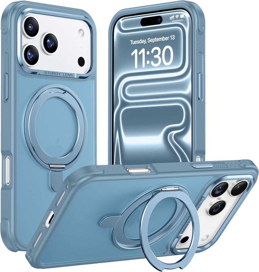 Temdan Designed for iPhone 17 Pro Max Case,[with 360Rotatable Invisible Magnetic O-Ring Stand][Military Grade Shockproof][Compatible with MagSafe] Anti-Slip Translucent Matte Phone Case 6.9" 2025 (Light Blue)