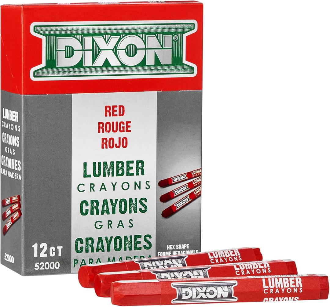 DIXON Industrial Lumber Marking Crayons, 4.5" x 1/2" Hex, Red, 12-Pack (52000)