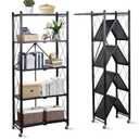 5 Tier Storage Shelf with Wheels - Metal Collapsible Shelving Unit Display, Heavy Duty Folding Shelves, No Assembly Organizer Rack for Garage Kitchen, Basement, Pantry (Black, 5 Tier)