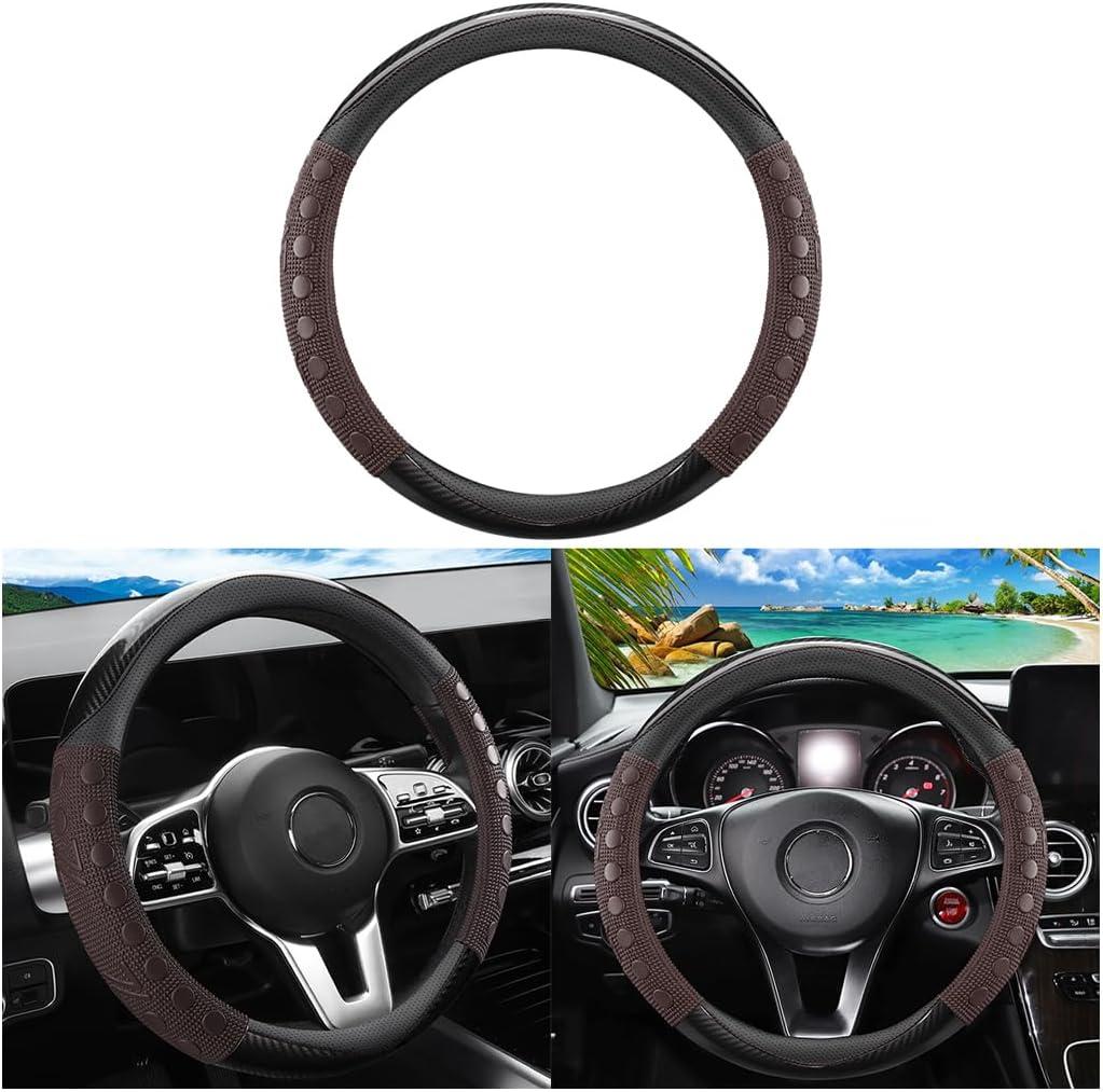 Car Steering Wheel Cover, 15 inch Leather Non-Slip Vehicle Steering Wheel Protector, Breathable Automotive Interior Protection Accessories, Universal for SUV Sedan Truck (Coffee)