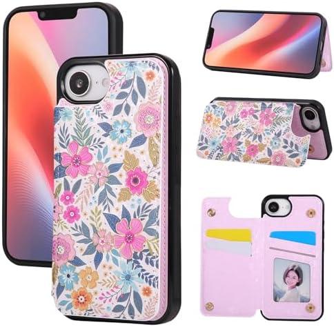 UEEBAI Wallet Case for iPhone 16e with Card Holders, PU Leather Cover Kickstand RFID Blocking Double Magnetic Clasp Rilievo Flower Shockproof Flip Case for Women Girls - Multi-Flower