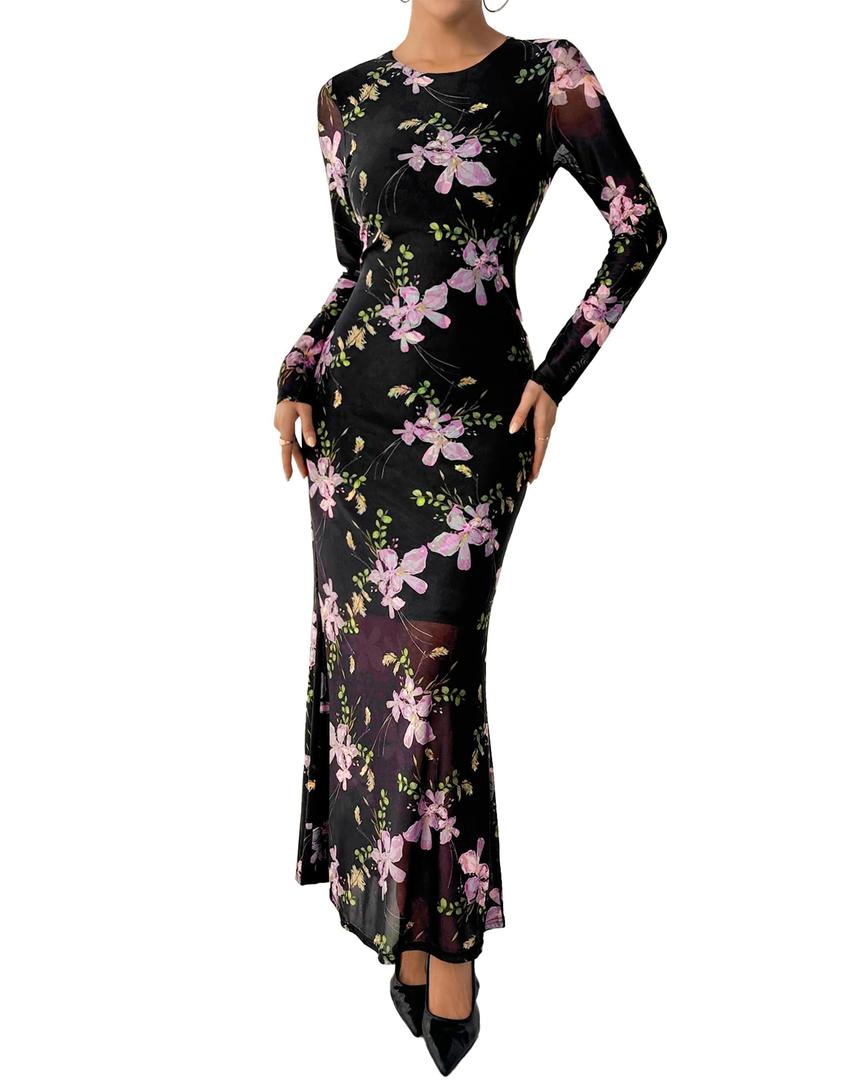 BTFBM Wedding Guest Dresses for Women Spring Fashion 2026 Bodycon Crew Neck Long Sleeve Boho Mesh Floral Maxi Fall Dress(Black Pink, X-Large) (XL)