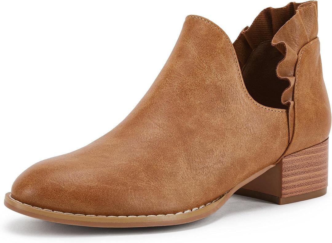 FISACE Womens Ruffled Ankle Boots V Cut Out Pointed Toe Chunky Low Heel Dressy Western Booties (8.5, Brown)