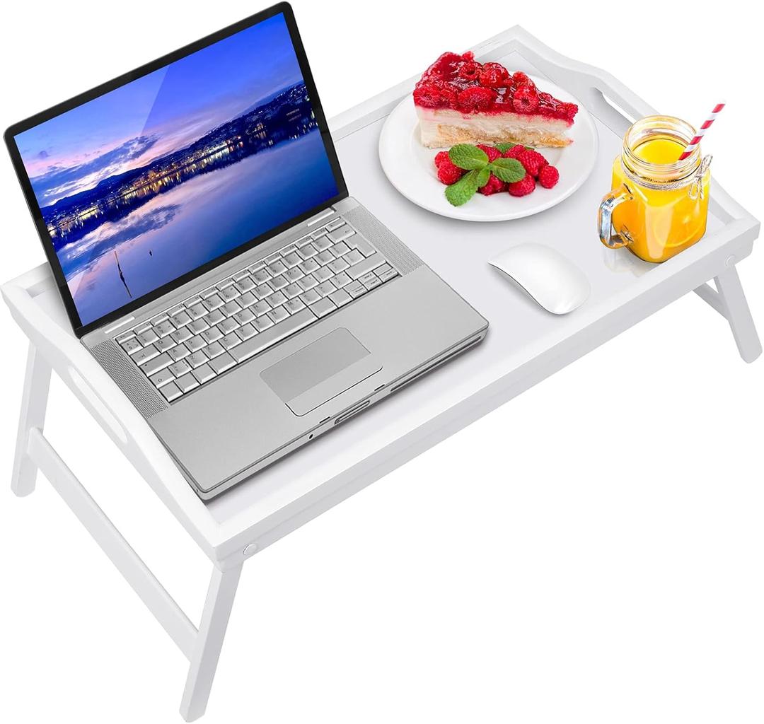 Bed Tray Table Bamboo Breakfast Food Tray with Folding Legs Kitchen Platters Serving Plate for Bed TV Table Desk Laptop ComputerWhite Large