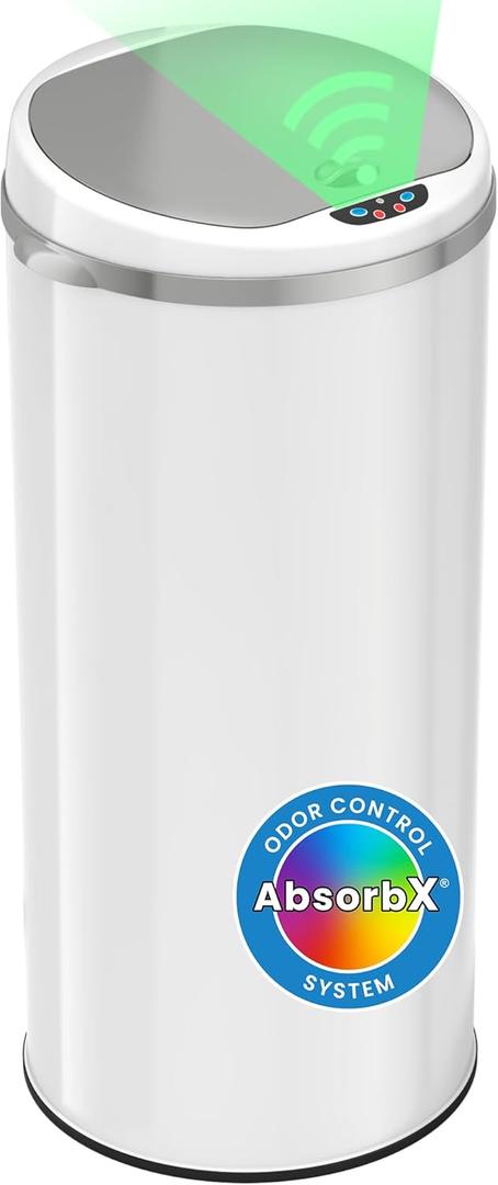 iTouchless 50 Liter / 13 Gallon Sensor Kitchen Trash Can with Odor Filter – Slim Round White Stainless Steel Automatic Garbage Recycling Bin for Home, Office, Business, Garage