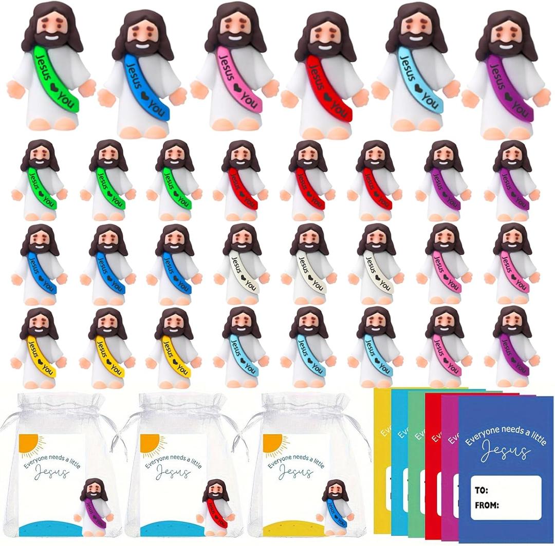 24 Pack Little Jesus Figurines Toys Set Jesus Love You Mini Rubber Toys Includes 24pcs Organza Bag and Gift Cards Perfect for Kids Sunday School Baptism Gifts Party Favor