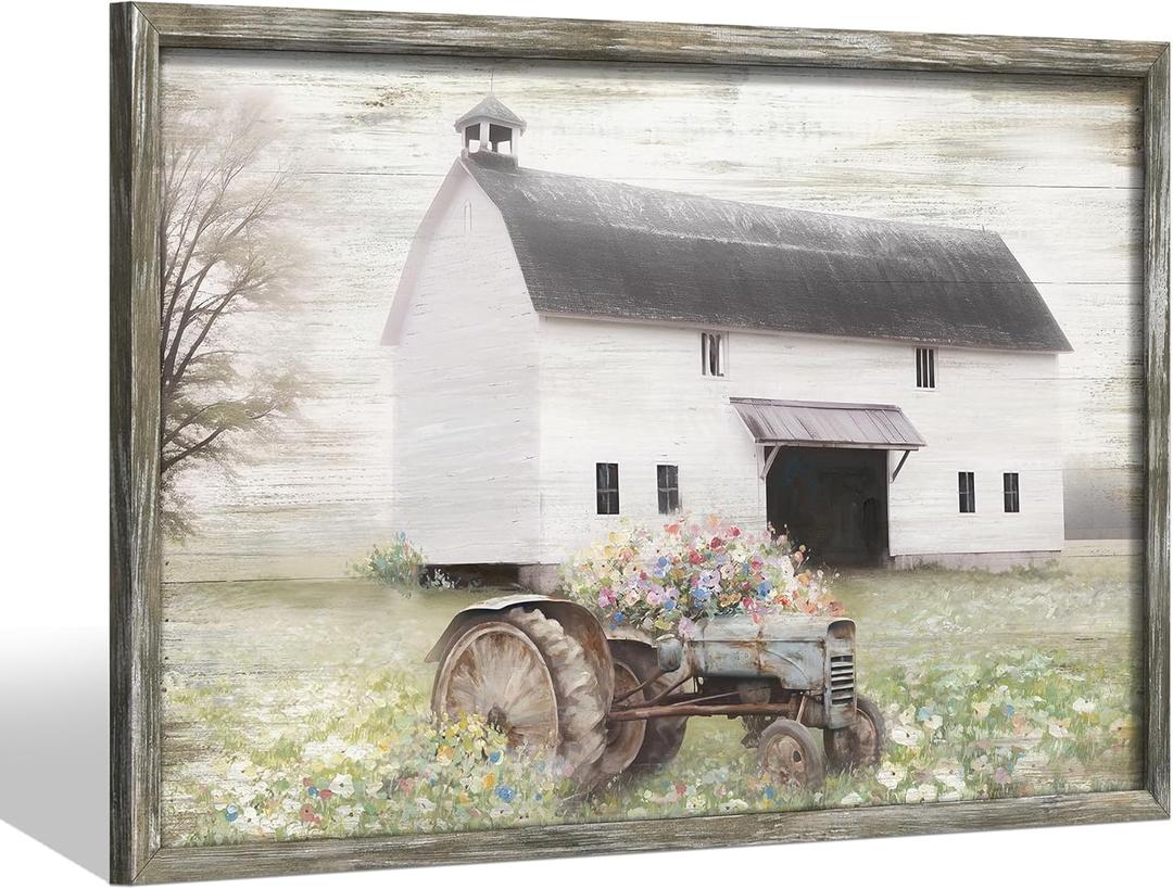 Farmhouse Framed Wooden Wall Art: Rustic Country Barn Painting Picture Old Tractor with Flowers Print Vintage Countryside Farm Landscape Artwork Decor for Kitchen Bedroom Living Room (24L" x 16W", Farmhouse Theme 01)