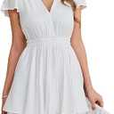 Women's Short Sleeve V Neck Mini Dress A-Line Ruffle Swing Holiday Short Dresses, White, Size L