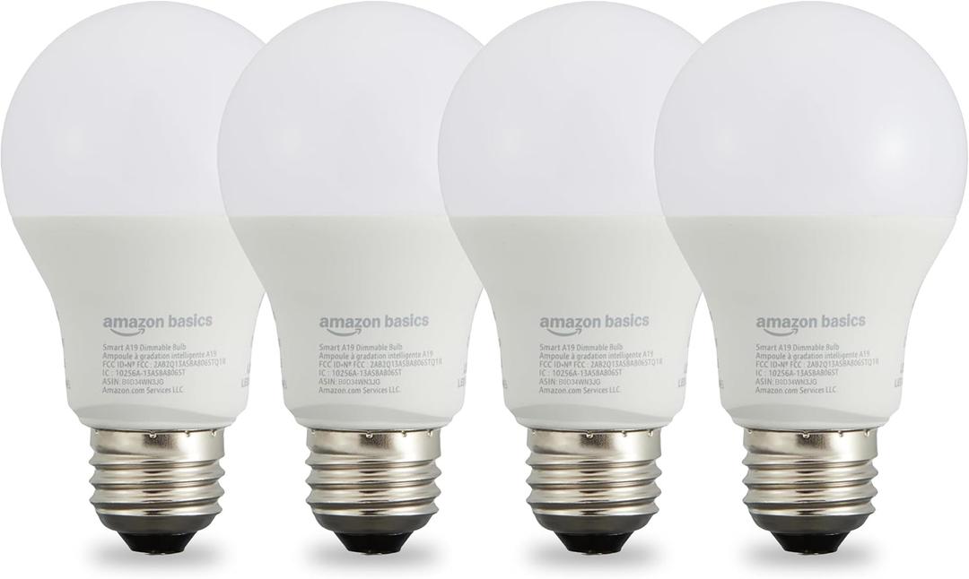Amazon Basics Smart A19 LED Light Bulb, Dimmable Soft White (2700K), 9W (60W Equivalent), 800LM, Energy Efficient, Works with Alexa Only, 2.4 GHz Wi-Fi, No Hub Required, 4-Pack