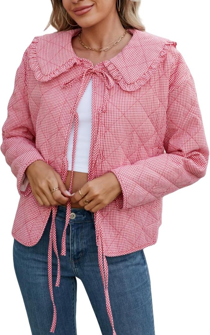 LifeShe Women Plaid Puffer Quilted Jacket Crop Tie Front Padded Coats Ruffled Lapel Collar Puffer Cardigan (Red, L)