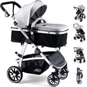 Hagaday Baby Stroller, 2-in-1 Reversible Toddler Seat with Basket Mode, Foldable Infant Stroller with Canopy, One Button Brake, Adjustable Handle, Newborn Pushchair (Gray)