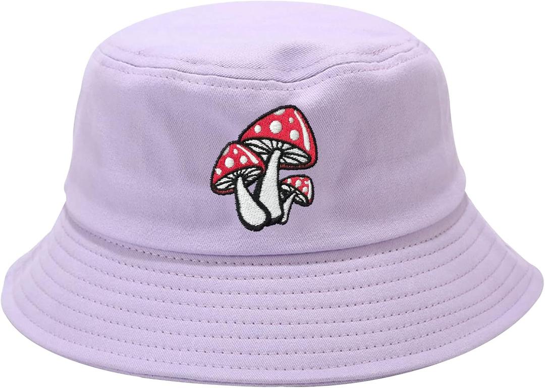 Mushroom Embroidered Bucket Hat for Women Men Girl, Light Purple Summer Travel Unisex Embroidery Beach Sun Hat Outdoor Fisherman Cap (Purple)