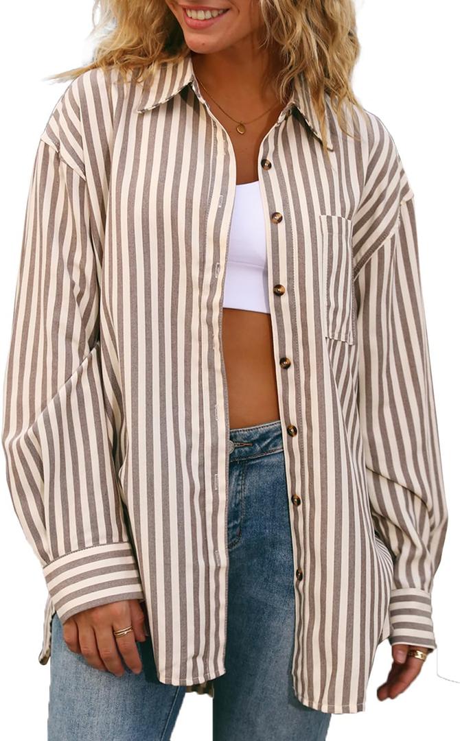 CHYRII Womens Striped Button Down Shirt Casual Long Sleeve Blouse Top (Medium, Tan)