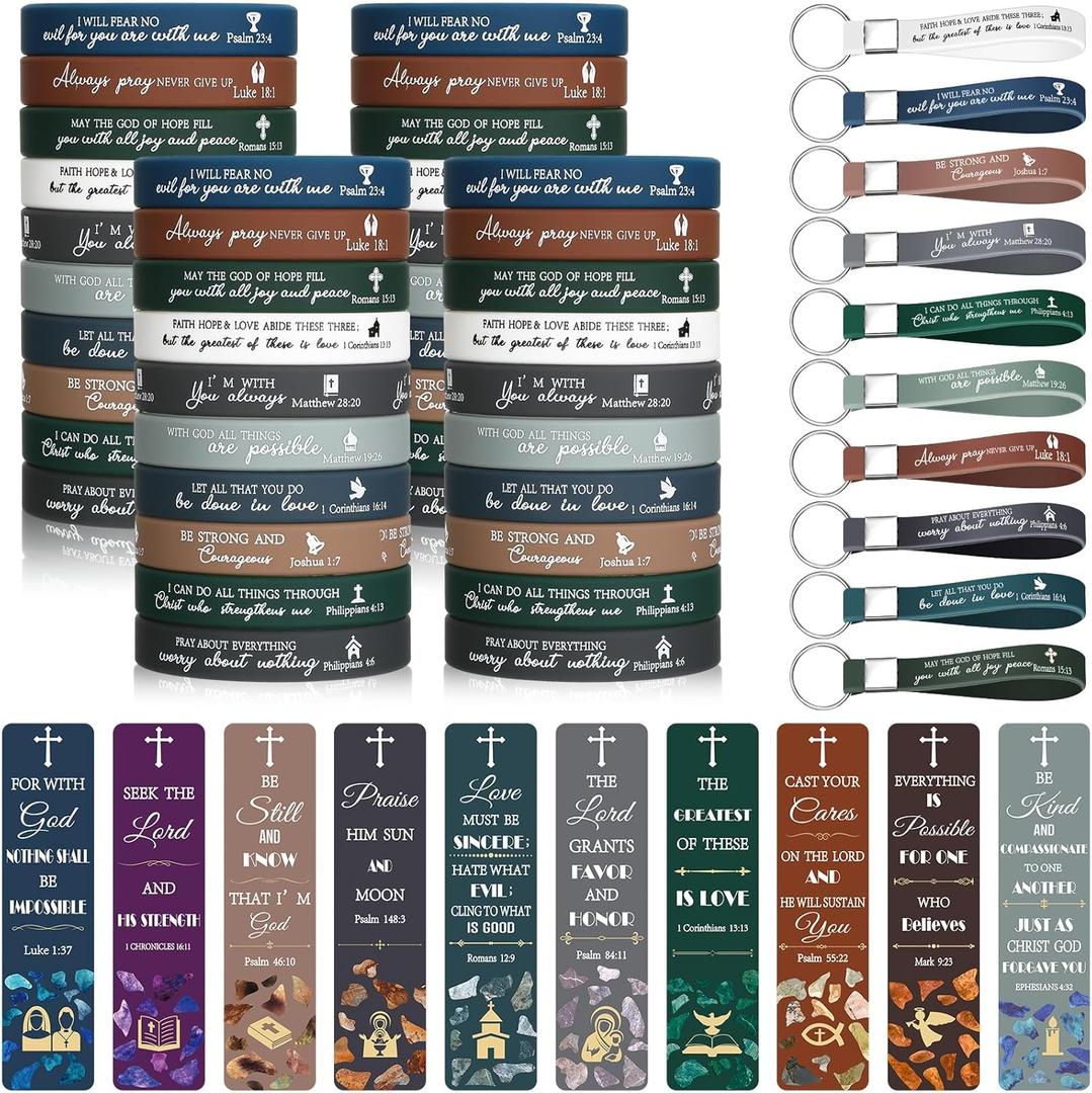 150 Pcs Christian Gifts Set Bulk Bible Verse Bracelets Silicone Christian Bible Keychains Bookmarks Bible Verse Wristbands Motivational Keychain Inspirational Book Markers for Adult Kids Church Gifts