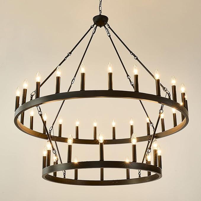 HHR 2 Tier Wagon Wheel Chandelier 36-Light 48 Inch, Extra Large Black Round Rustic Candle Farmhouse Pendant Light Fixture for High Ceilings, Dining Room Living Room Kitchen Island Foyer Entryway