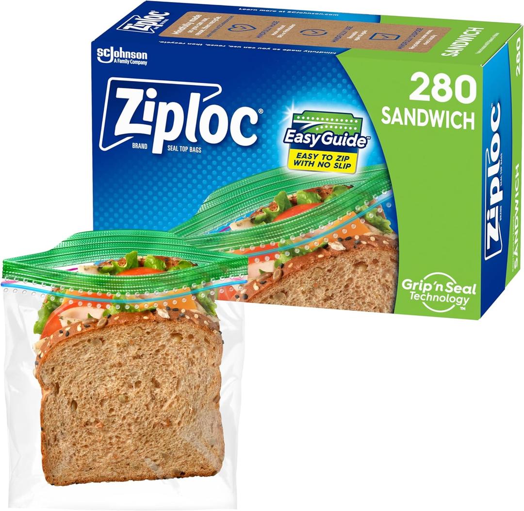 Ziploc Sandwich and Snack Bags with EasyGuide Texture, Plastic Storage Bags with Grip 'n Seal Technology, 280 Bags Total (280 Count)