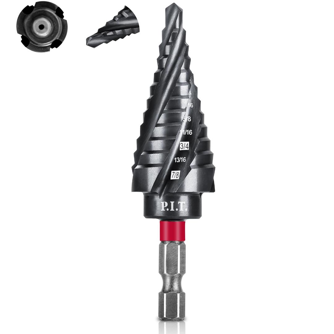 P.I.T. M35 Cobalt Step Drill Bit for Metal (Pro Max), Spiral Flute Unibit Step Drill Bit 3/16"-7/8" Impact Ready Wear-Resistant TiAlN Coated,1/4" Hex Shank for Metal, Stainless Steel, Aluminum