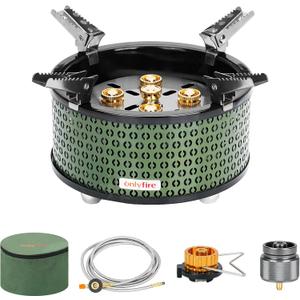 ONLYFIRE Portable Camping Gas Stove with Storage Bag & Foldable Brackets, 5 Burners Camp Stove 3 Fuels Adapters, Propane Stove for Outdoor Cooking Picnic Camping Backpacking Hiking, Green GS344