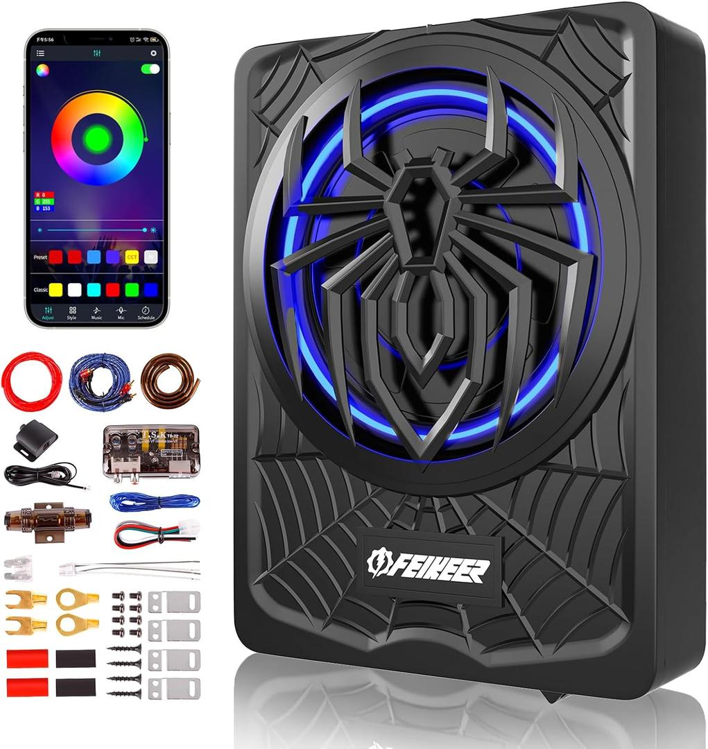 NEW 10" 1200W Subwoofer,RGB Slim Underseat Car Subwoofer and Amp Package.Under Seat Subwoofers with Amp,Individual Control for Low Pass/Gain/Boost Bass.Deep Bass Perfect for Truck/SUV/Jeep/MPV