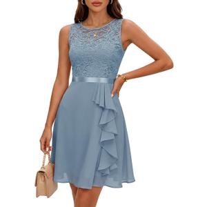 BeryLove Formal Cocktail Dresses Bridesmaid Wedding Guest Short Prom Dress Ruffle Hem Sleeveless Homecoming Lace Gowns (X-Large, Grey Blue)