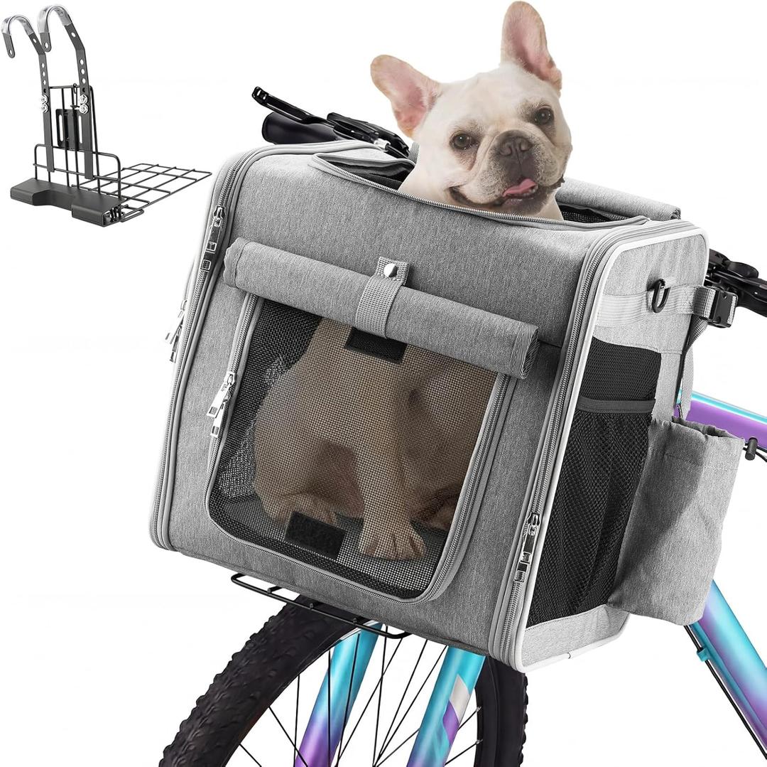 Expandable Dog Bike Basket with Secure Mounting Bracket, Multi-Functional Foldable Pet Carrier Backpack for Small Dogs & Cats, Features Safety Buckle & 4 Mesh Windows(Light Gray for MTB)