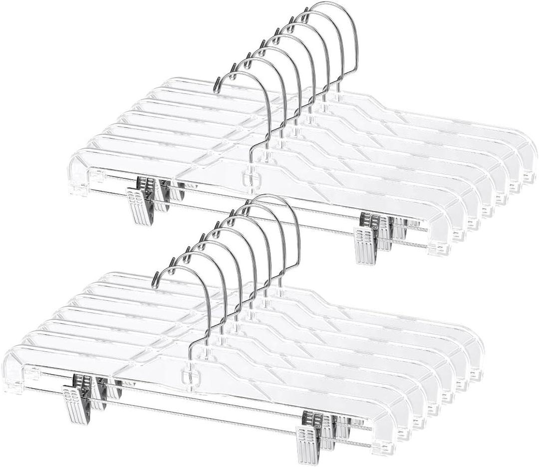 AMKUFO Pants-Hangers-with-Clips-30-Pack, 14 Inch Clear-Plastic-Skirts-Hangers-with-Adjustable-Clips for Shorts Jeans Trousers, Clothes-Hangers Non-Slip Clip-Hangers