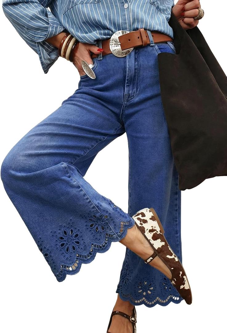 Sidefeel Womens Wide Leg Embroidered Jeans High Waisted Stretchy Straight Leg Loose Fit Ankle Denim Pants, Size 4(Blue)