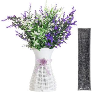 Artificial Flower 3-in-1 Set Hollow Vase with 4 Faux Lavenders 14oz Nano Mineral Crystal Beads Odor Absorber & Decorative Floral Arrangements for Indoor Bedroom Washroom, Purple White