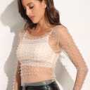 Women's Pearl Rhinestone See Through Long Sleeve Mesh Blouse One Piece Cover Up Halloween Festival Crop Top