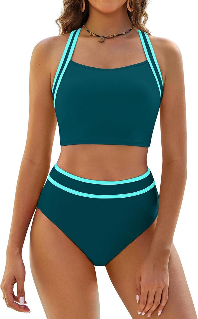 BMJL Women's High Waisted Bikini Sets Two Piece Swimsuits Sporty Tummy Control Bathing Suit Color Block Swim Suit S
