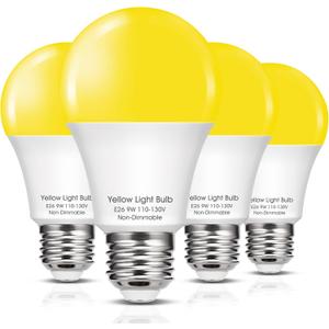 Yellow LED Bug Light Bulbs Outside, A19 LED Yellow Bug Bulb Outdoor 60W Equivalent, 9W Yellow Amber Bug Lights E26 Base Porch Lights, Non-Dimmable LED Lighting for Home, Patio, Deck, Backyard, 4 Pack