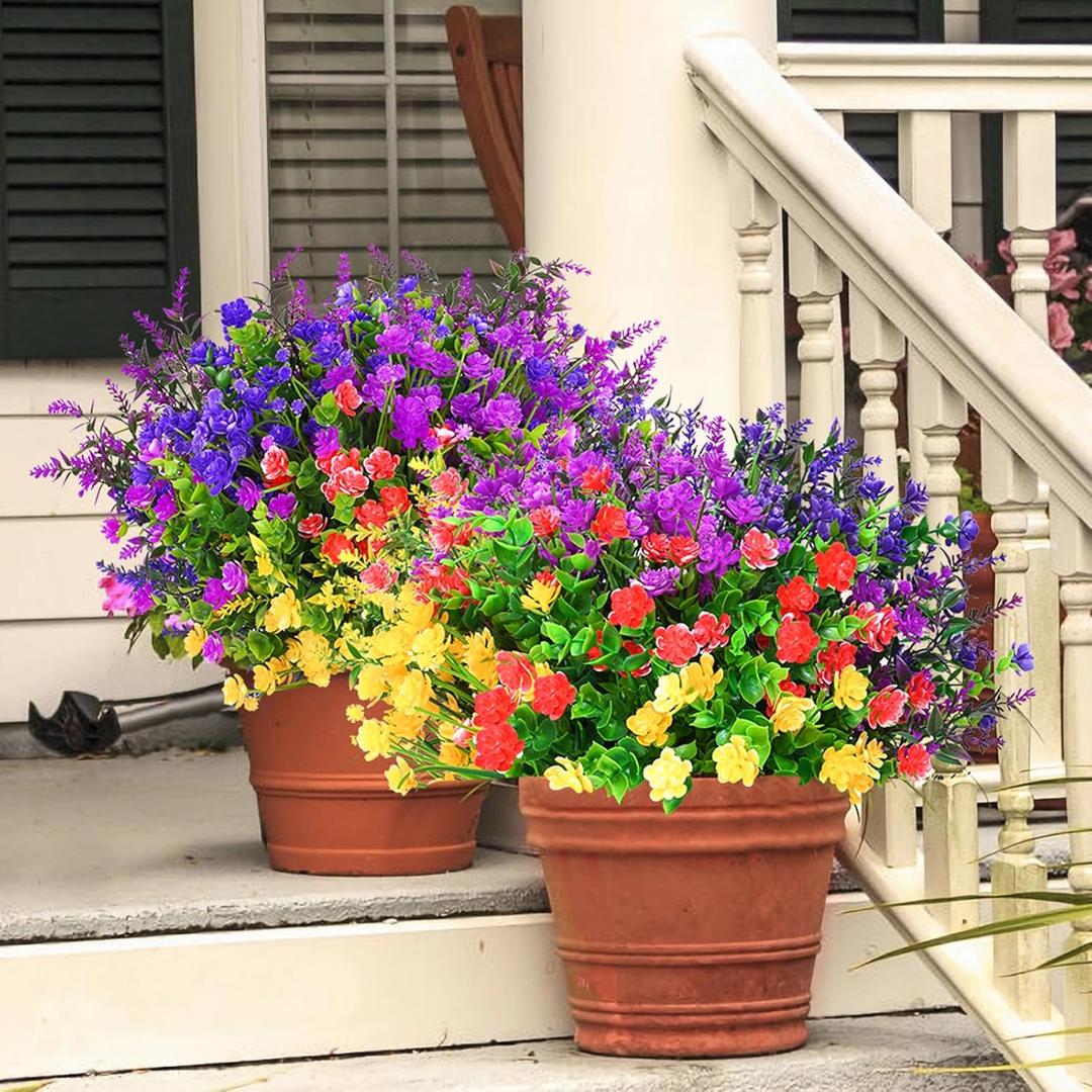 Yastouay 9 Bundles Artificial Flowers for Outdoors Decoration, Colorful Outdoor Artificial Flowers UV Resistant Fake Flowers Greenery Shrubs Plants for Front Porch Window Box Hanging Garden Home