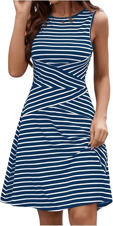 Women's Casual Summer Dresses 2025 Striped High Waisted Crewneck Sleeveless A Line Mini Tank Dress, L