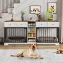 GarveeHome 82" Double Dog Crate Furniture with Drawers and Shelves, White | Heavy Duty Wooden Dog Crate TV Stand, Large Dog Kennel Indoor for 2 Medium/Large Dogs