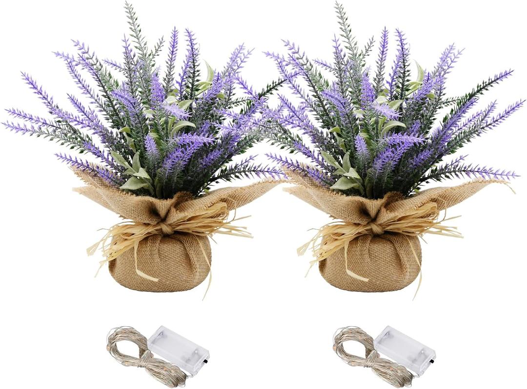 Spring Potted Lavender Bouquet Decor, 2 Pack Artificial Lavender Plant with Rustic Pots, for Table, Farmhouse, Wedding Decor, Summer Decoration, for Her