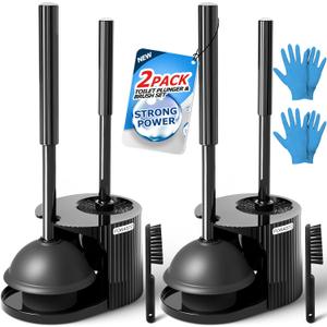 2Pack 2 in 1 Toilet Brush and Plunger Set, Extended Handle Plunger,Toilet Bowl Brush Plunger Set,Clean Gloves,Cleaning Tools,Cleaning Brush,Cleaning Supplies,Toilet Brush Plunger Combo,Black