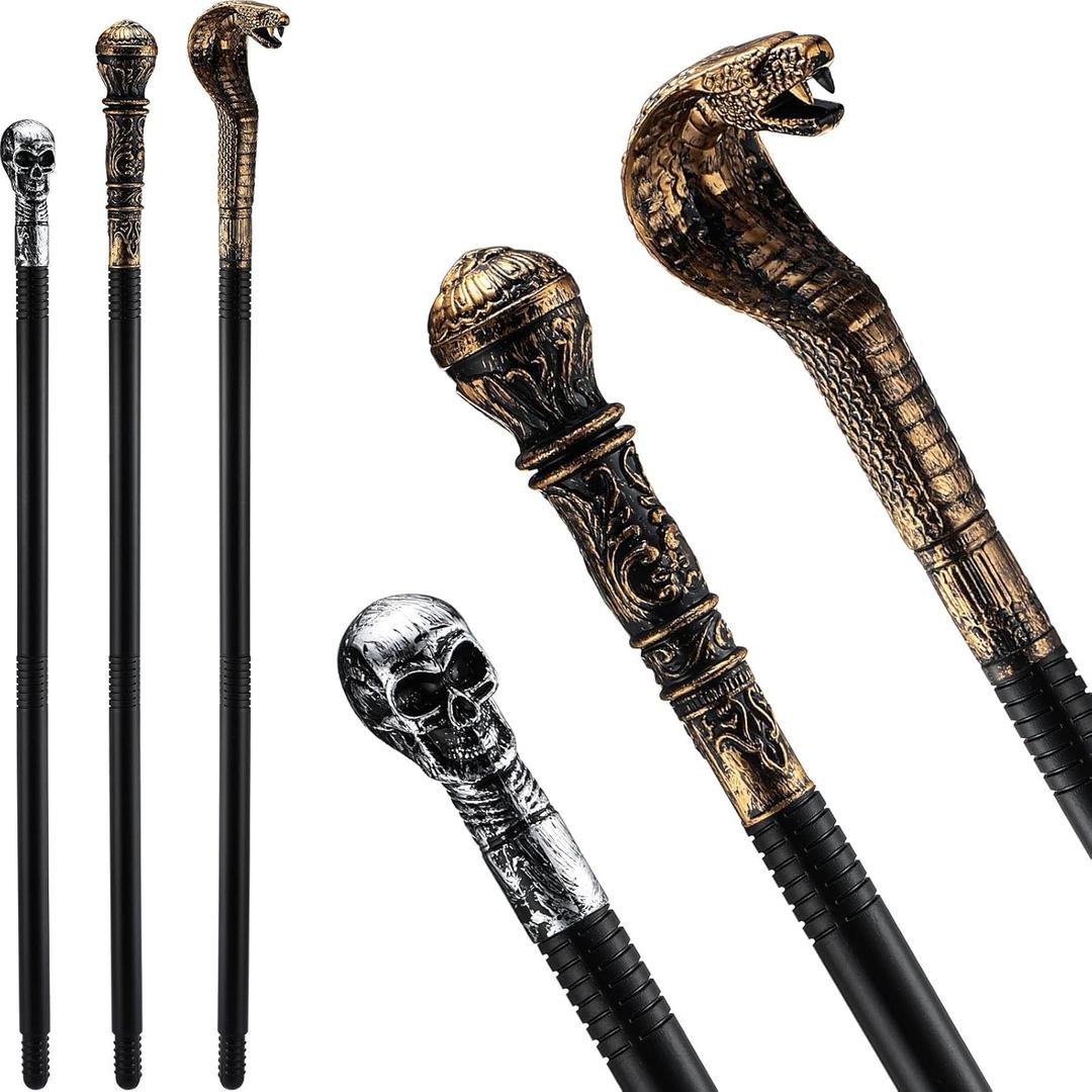 Chivao 3 Pcs Halloween Walking Cane Egyptian Snake Staff Skull Prop Stick Pimp Cane Pharaoh Cosplay Costume Accessories (Retro Color)