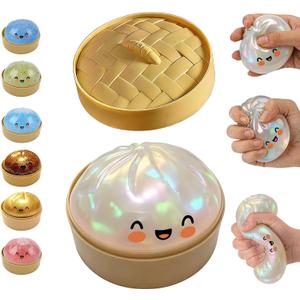 Glitter Dumpling Squishy, Mystery Glitter Dumpling Squishies Box, Colorful Dumpling Stress Balls Fidget, Jumbo Squishy Toy with Steamer Box, Soft Squeeze Decompression Dough Gift (Glitter White)
