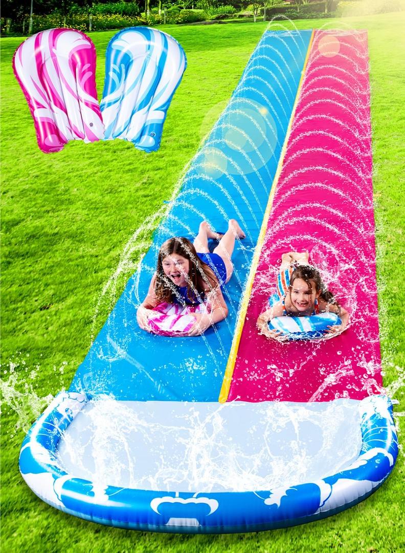 JOYIN 22.5FT Water Slide and 2 Inflatable Boards, Extra Long Heavy Duty Double Lawn Waterslide with Sprinkler for Kids Adults Backyard Summer Water Toy Outdoor Fun, Blue, Pink