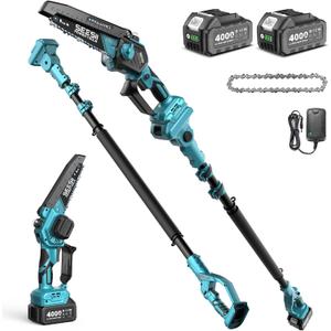 SEESII 2-in-1 Electric Pole Saws for Tree Trimming, Brushless Motor | 2 x 4000mAh Batteries,Hand Held Mini Chainsaw Cordless 6 Inch with Extension Pole for Tree Limb Branch Cutter