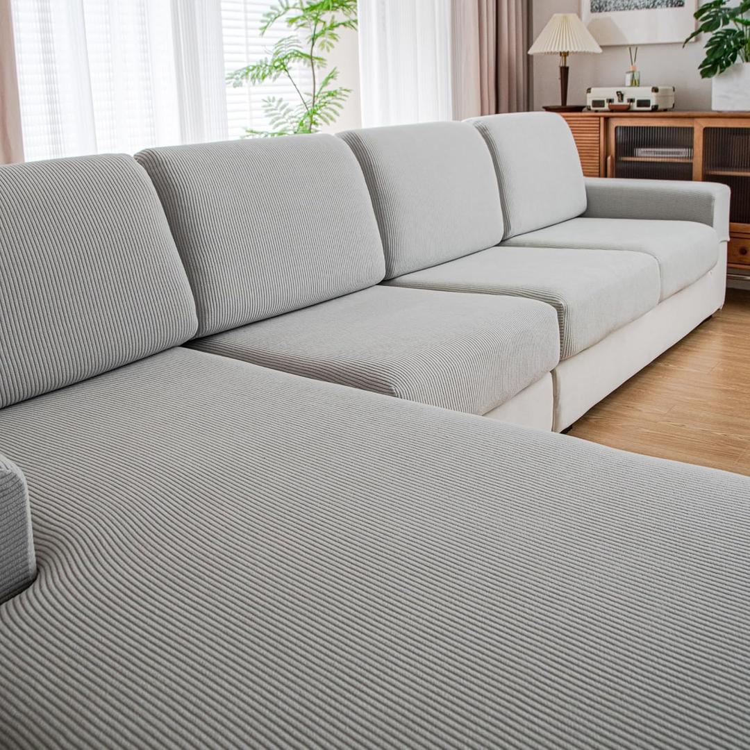 QIANMEW Couch Cushion Covers, Comfort Soft Magic Sofa Covers Washable Stretch Resistant Slipcovers for Sectional and L Shaped Seats Furniture Protectors for Pets (1PC Armrest Cover, Light Gray)