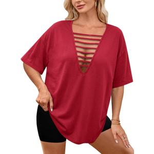 Remidoo Womens Oversized Tshirt Sexy Cut Out Top Ripped Shirt Short Sleeve V Neck Tee Deep Red Medium (Red, M)