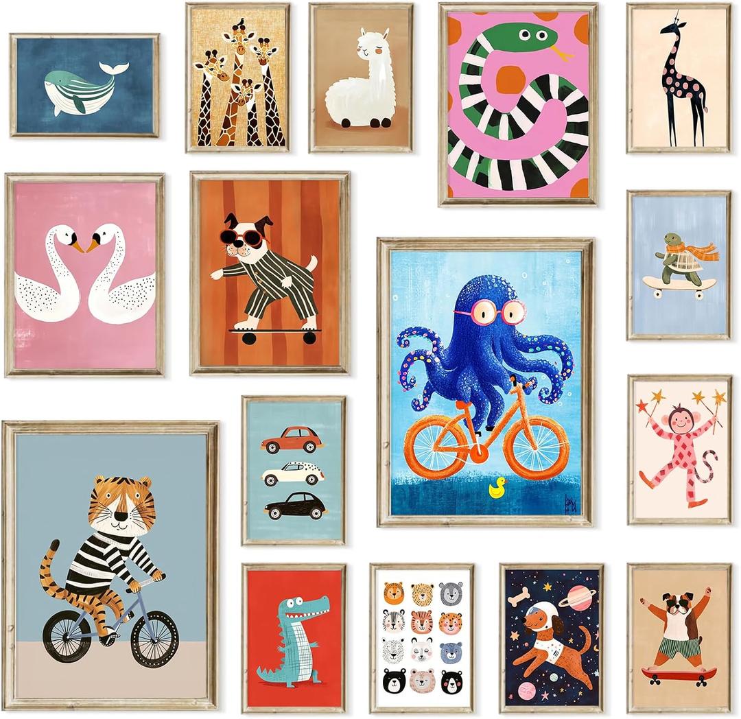 Around 16 Pcs Cartoon Animal Canvas Wall Art Nursery Room Funny Animal Pictures Octopus Tiger on Bikes Dog Turtle Skateboard Posters for Toddler Baby Kids Bedroom Playful Nursery Playroom Decor