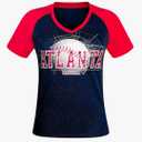 Womens City Baseball Fans Vintage Glitter Sporty V-Neck Tee Shirts - Navy & Red XL