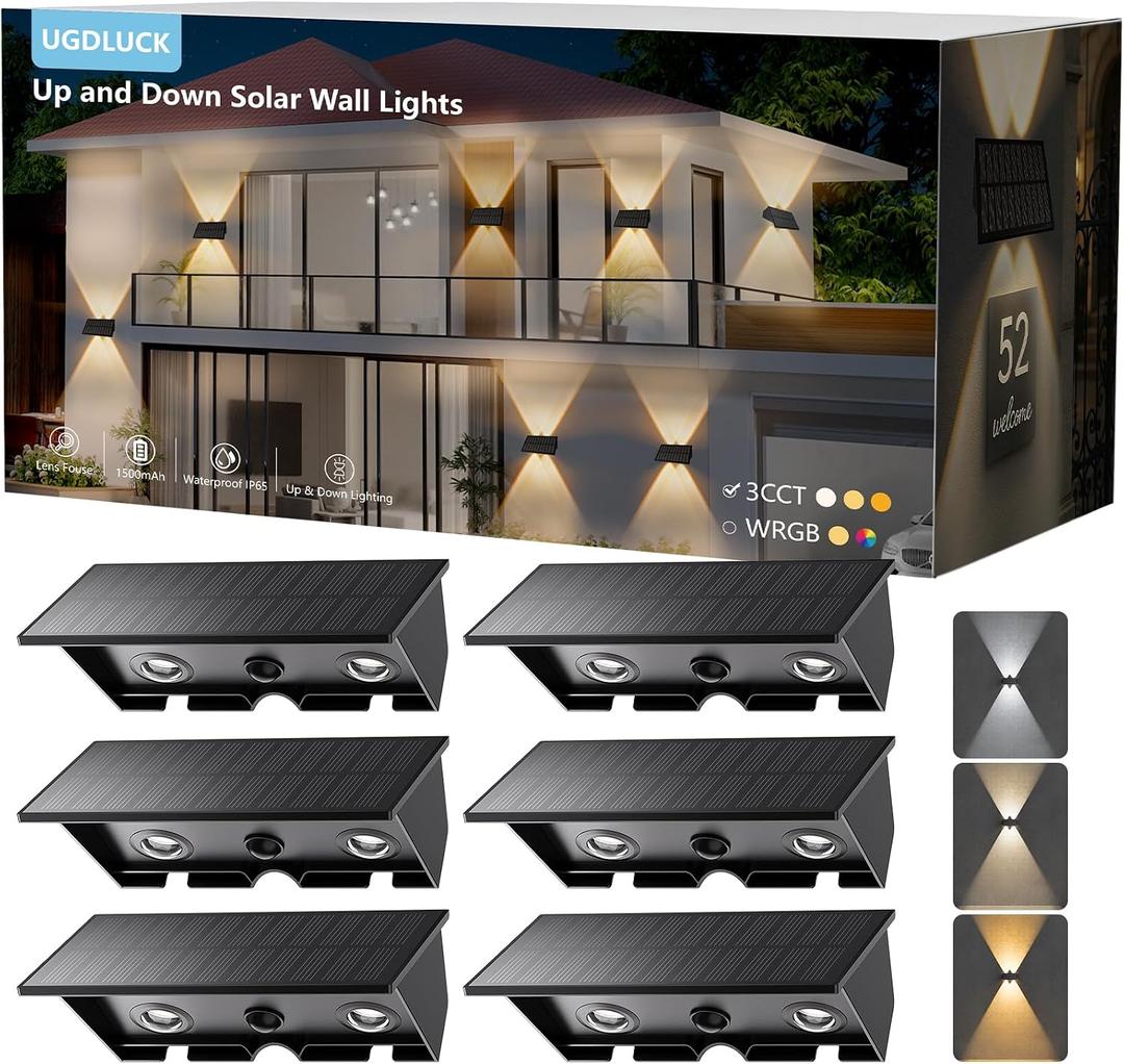 6PACK Solar Sconce Lights Outdoor,3000/4000/6000K 3 Modes Up and Down Solar Wall Lights Dusk to Dawn Lighting IP65 Waterproof Solars Lights Outdoor for Exterior Front Porch Garage Fence Patio Yard