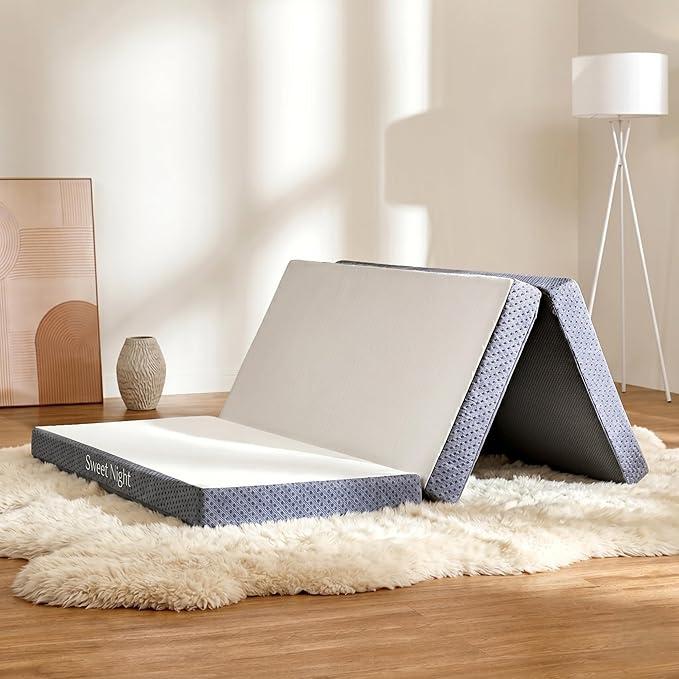 Sweetnight 4-Inch Tri-Fold Memory Foam Mattress Topper, Queen Foldable Mattress with Washable Cover, Medium-Firm Feel, Non-Slip Bottom, Ideal for RV Travel, Camping, Guest Room, Floor Use