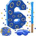 16 Inch Number 6 Double Sided Printing Blue Gold Ring Pinata with 16 Inch Piata Stick Blindfold Confetti for Boy Girl Kids 6th Birthday Party Decorations (6th)